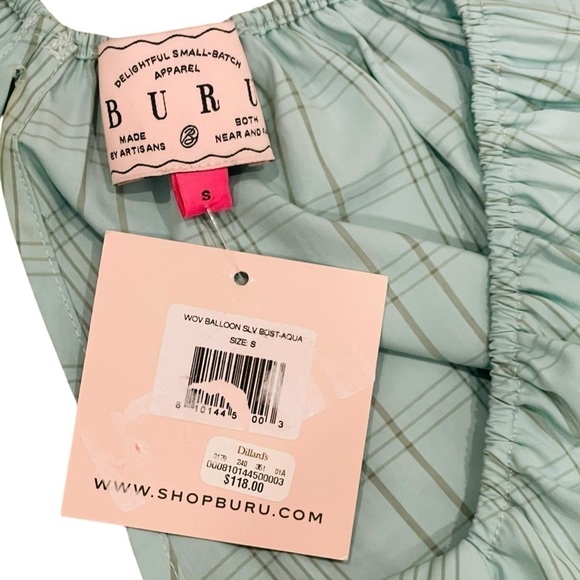 Buru Sweetheart Neck Balloon Sleeve Stripe Smocked Bustier Crop Top NWT Aqua - Picture 14 of 16